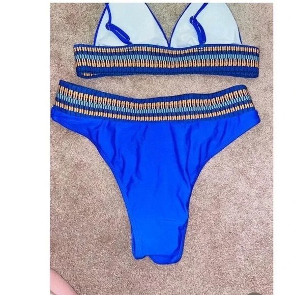 Women's Blue Triangle Bikini Set w/ Contrasts Trim Size M High-Waisted - Picture 4 of 13